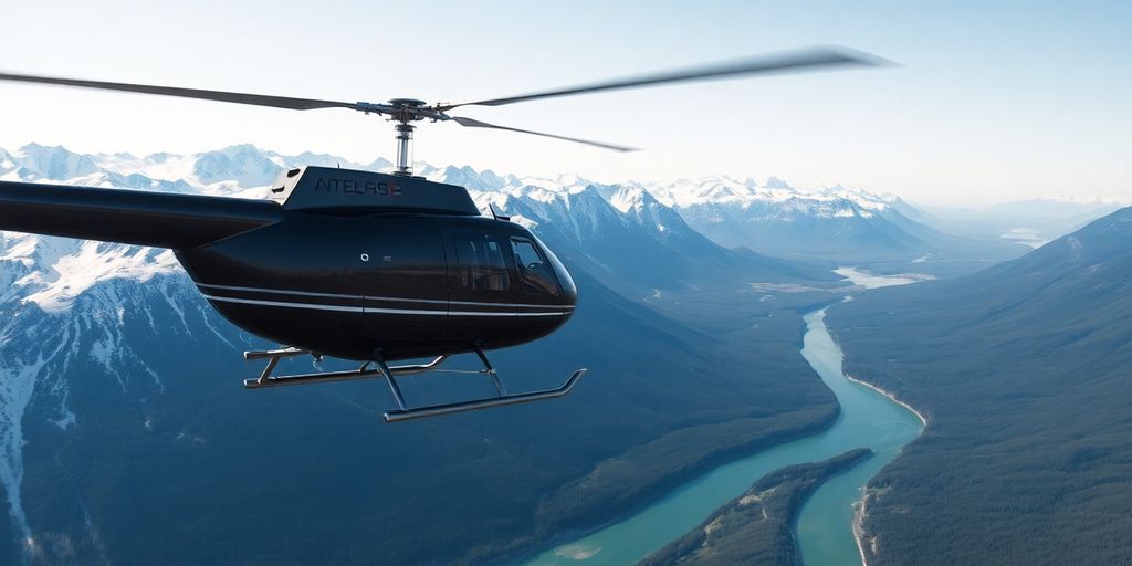 A modern helicopter flying over vast Alaskan mountain wilderness.