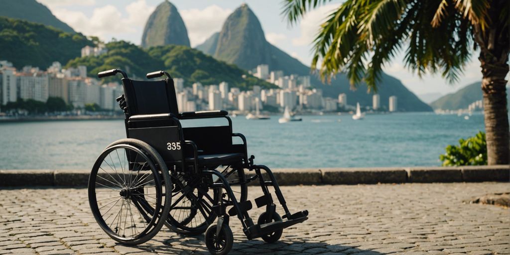Wheelchair for rent with Rio de Janeiro landmarks in the background, highlighting accessibility for events.