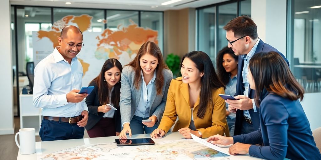 Diverse team collaborating in a modern office environment.