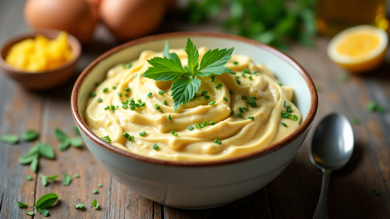 Bowl de maionese com atum e ervas frescas.