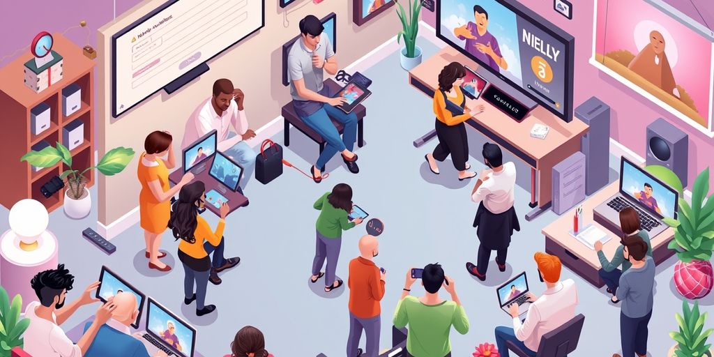 Isometric illustration of video marketing engagement.