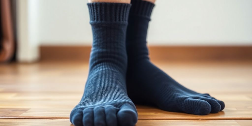 Close-up of soft diabetic socks for men on wood.