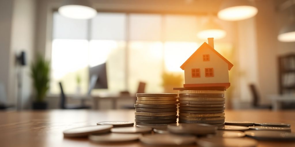 Miniature houses and diverse financial charts.