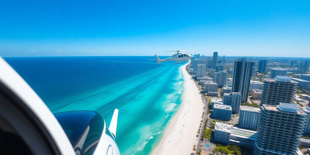A modern helicopter flying over the Miami skyline and ocean.