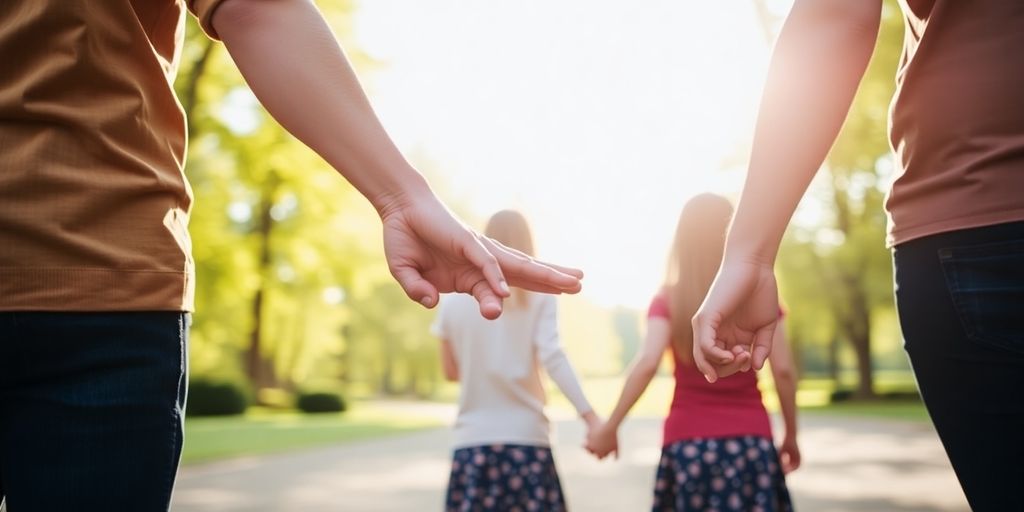 Family holding hands in a peaceful park setting.