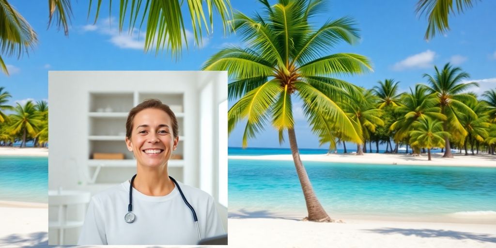 Tropical beach, modern clinic, smiling patient, medical tourism.