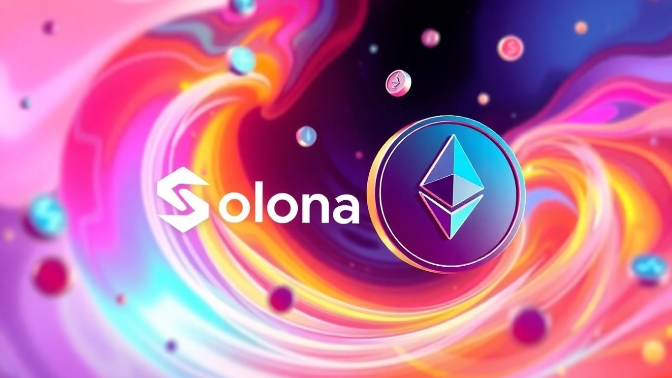 Solana and Ethereum coins in motion.
