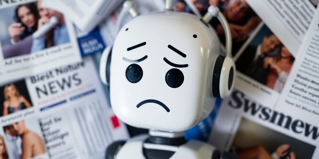 Confused chatbot icon amidst news articles and media.