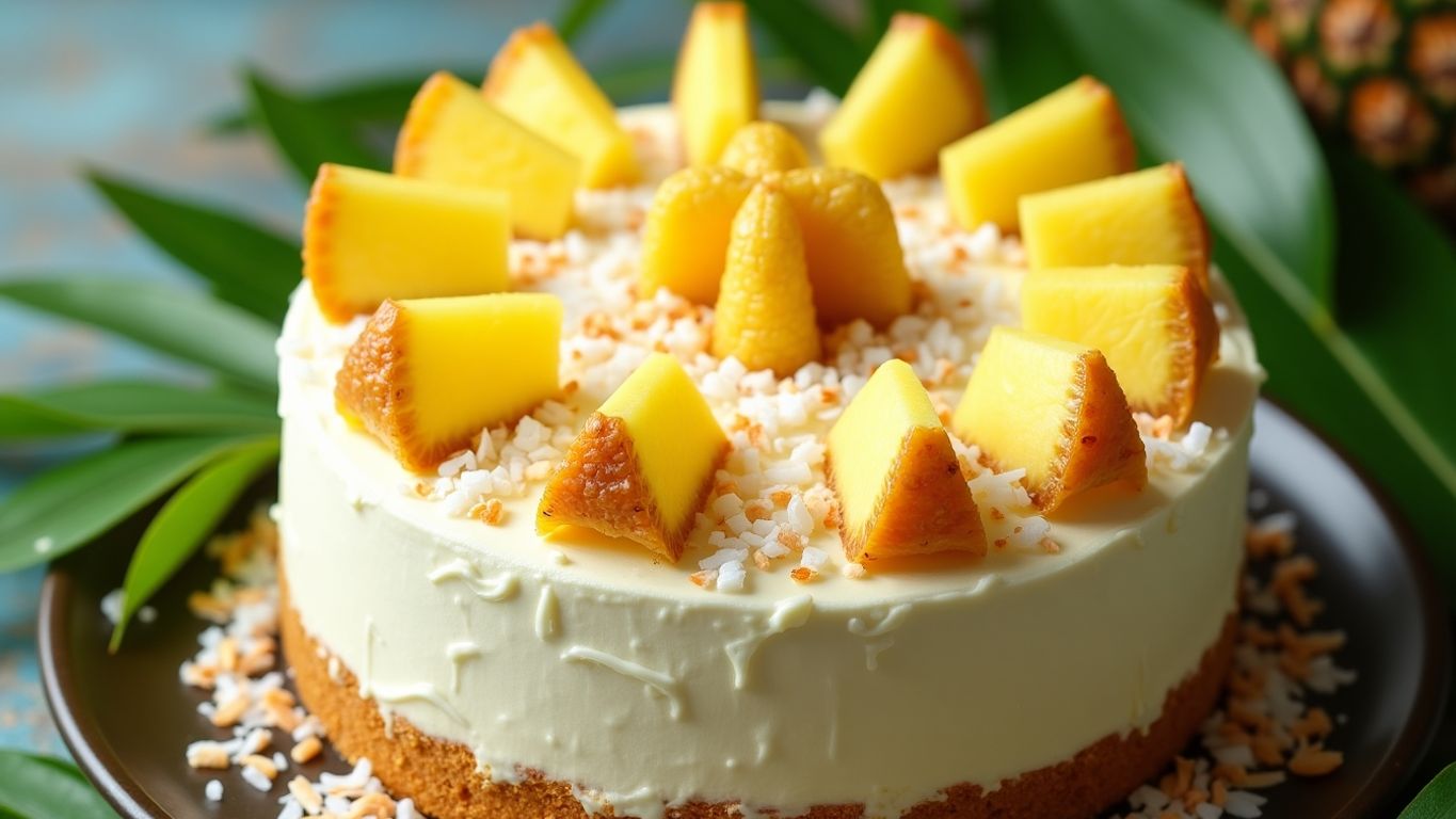 Bolo gelado de abacaxi e coco decorado com frutas.