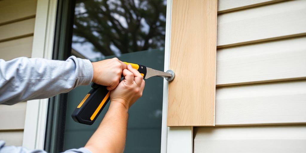 Person boarding up windows with vinyl siding for hurricane.