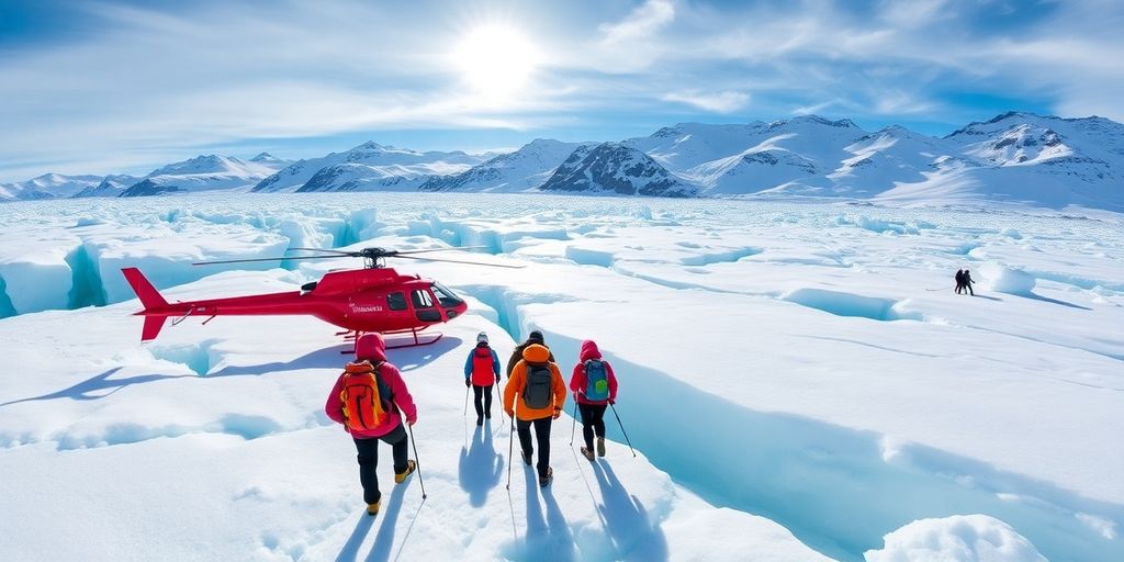 Hikers in colorful gear trek on a glacier near a helicopter.