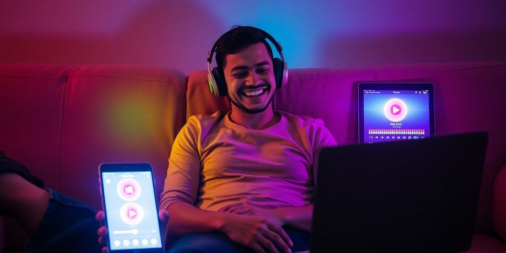 Person enjoying music on multiple devices