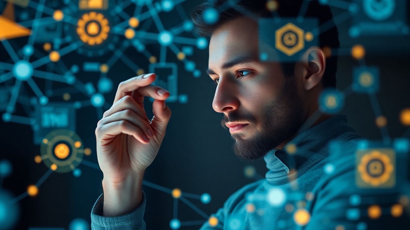 Designer analyzing complex digital interface with glowing connections.