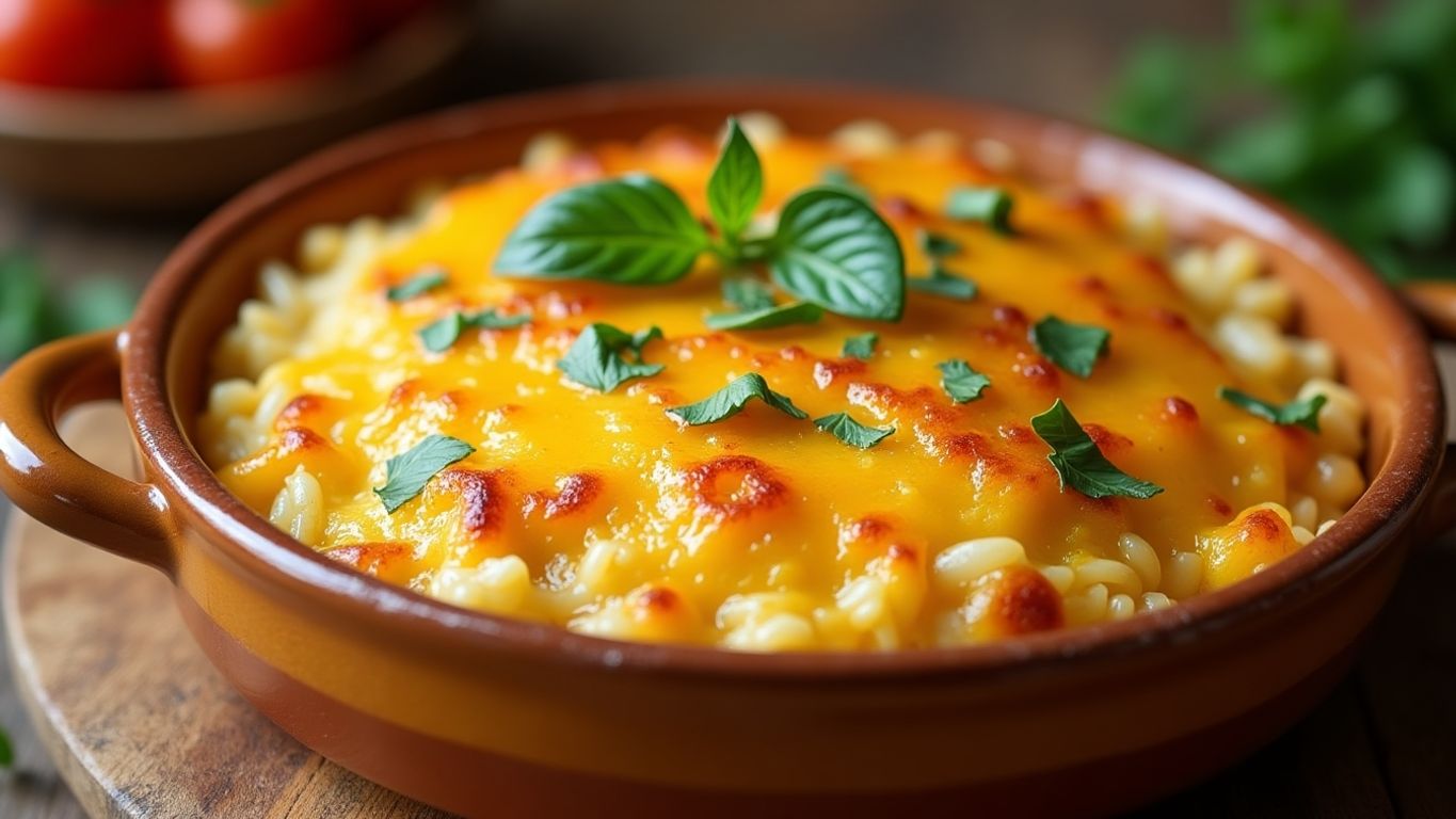 Arroz de forno com cobertura dourada e ervas frescas.