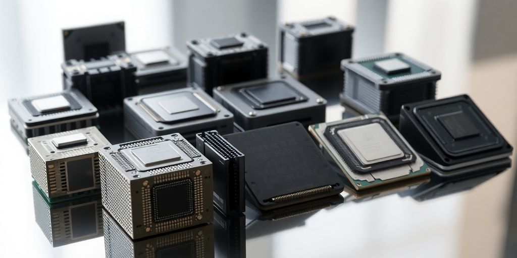 Modelos de CPU modernas dispuestos sobre una superficie reflectante.