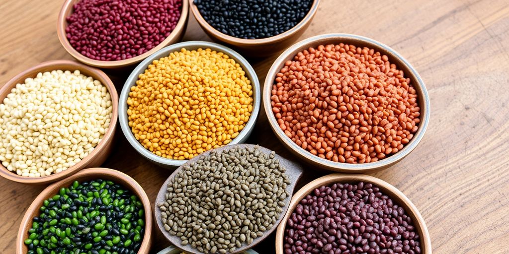 Colorful chia seeds in bowls on a wooden table.