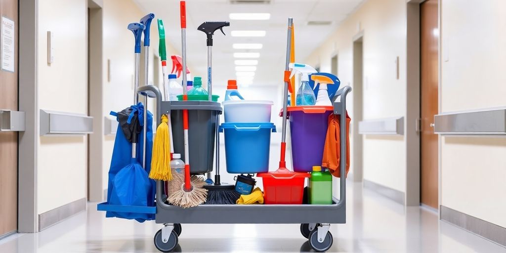 Cleaning cart with supplies in hospital hallway
