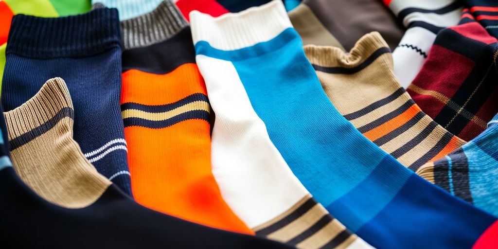 Colorful men's wide ankle socks arranged neatly.