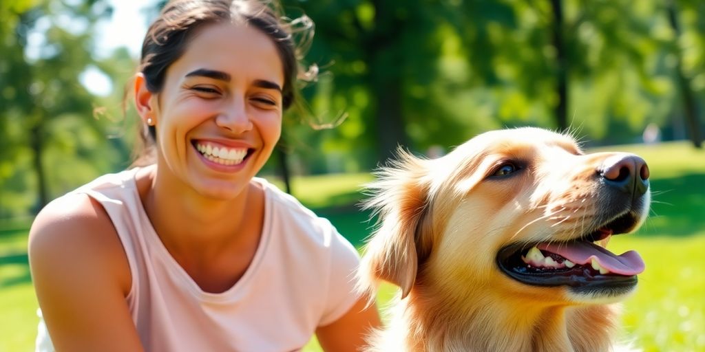 A person laughing while playing with a dog outdoors.