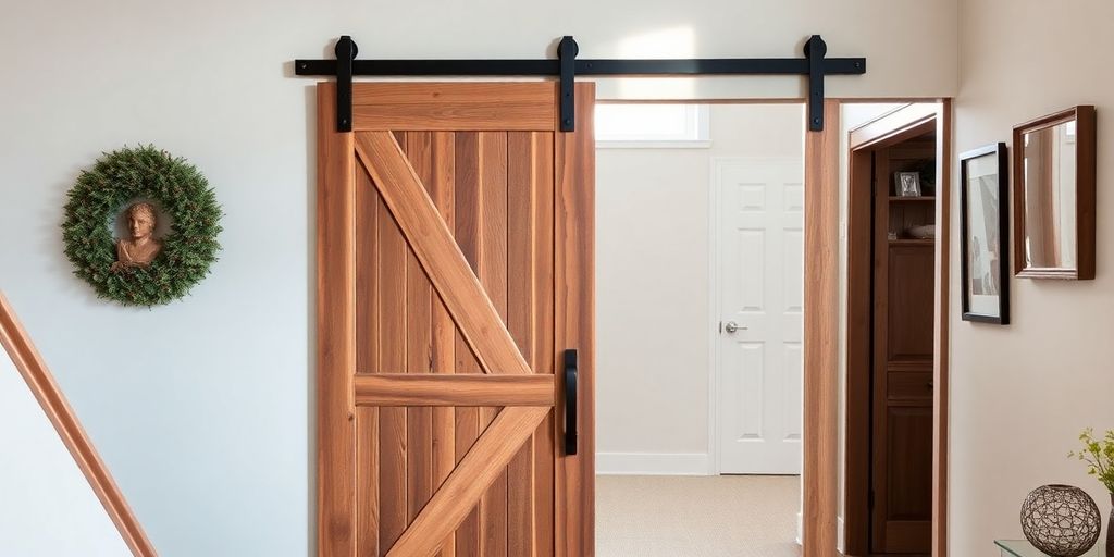 Rustic wooden barn door in a cozy farmhouse setting.