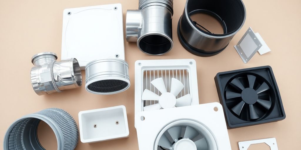 Composants de ventilation démontés et empilés.