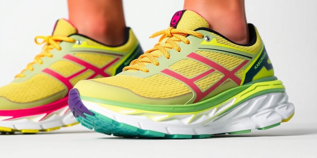 Close-up of Hoka Clifton 9 running shoes on white background.