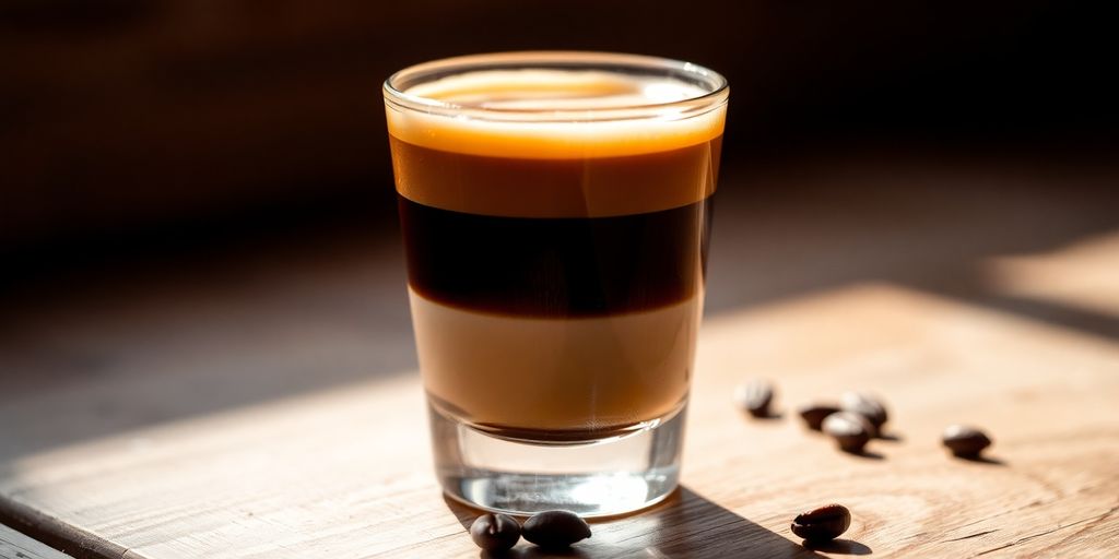 Cortado in a glass, coffee beans scattered.