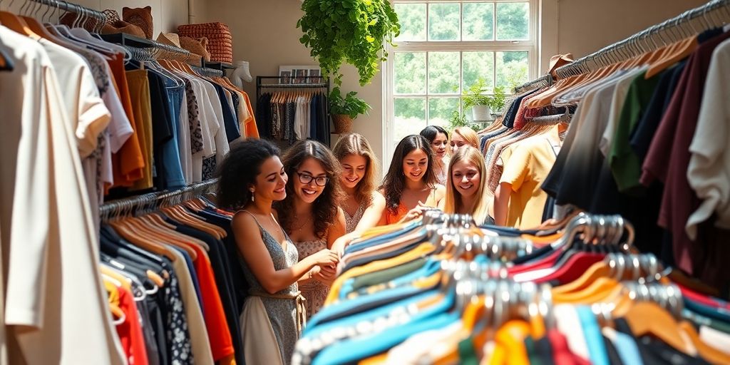 People browsing pre-owned clothing in a bright store.