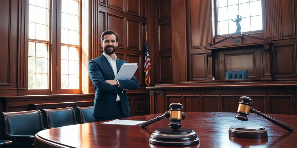 Customer standing in small claims courtroom with judge and gavel