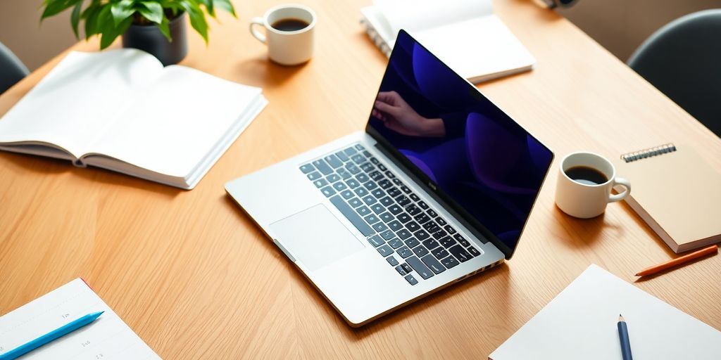 لاب توب عصري على مكتب دراسي مع ملاحظات.