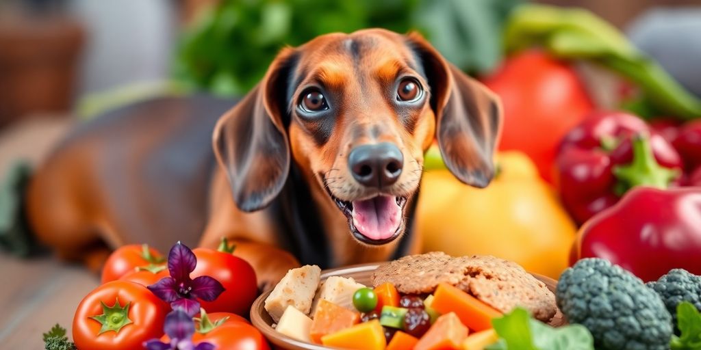 Dachshund comendo comida saudável e vibrante.