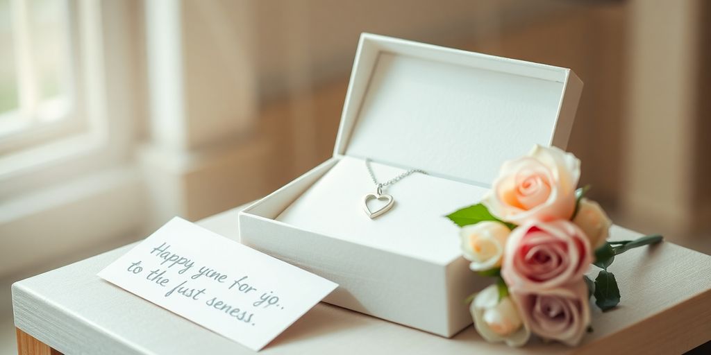 Gift box, flowers, thoughtful items for mother.