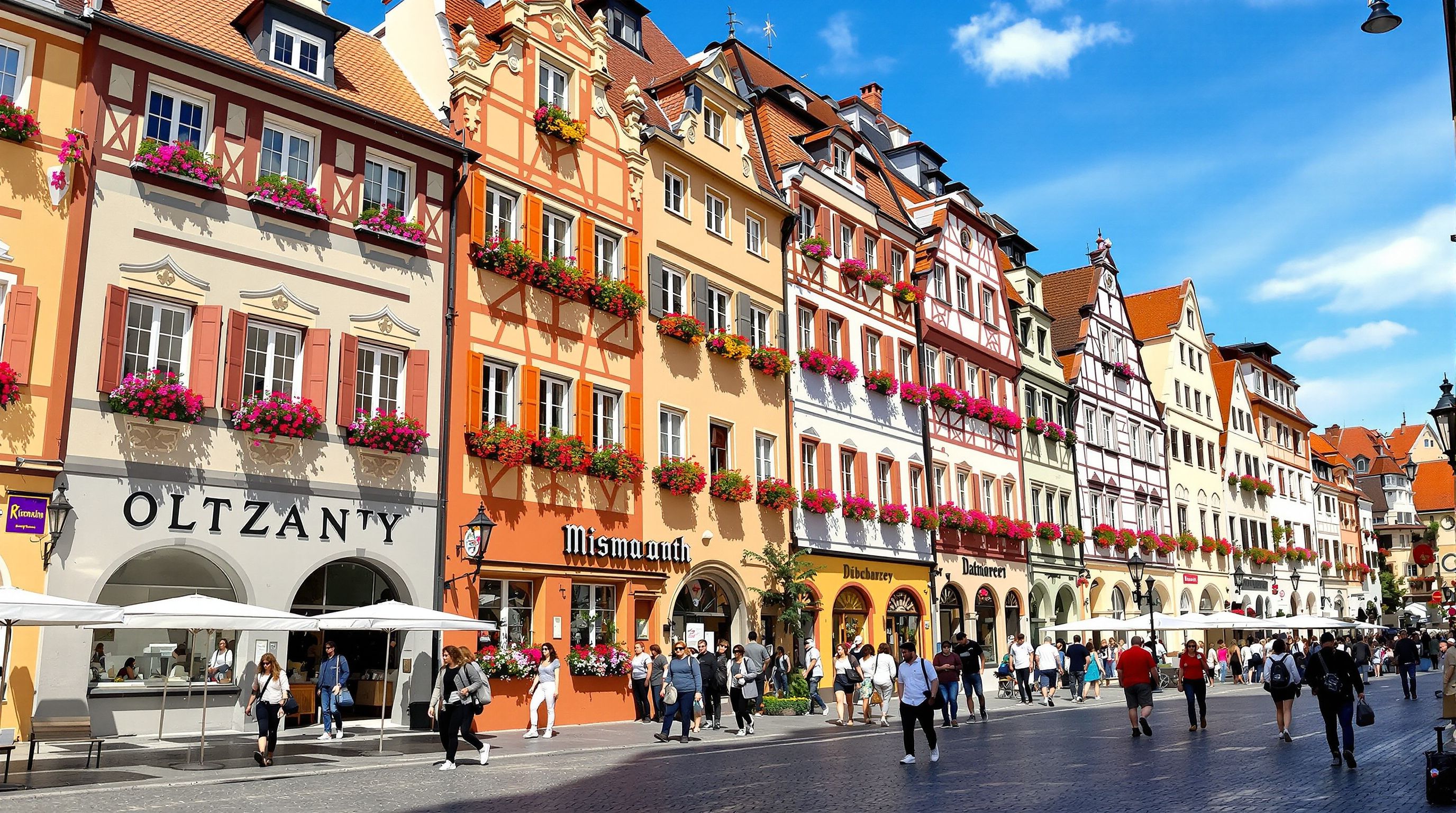 Munich street with traditional Bavarian buildings and people.