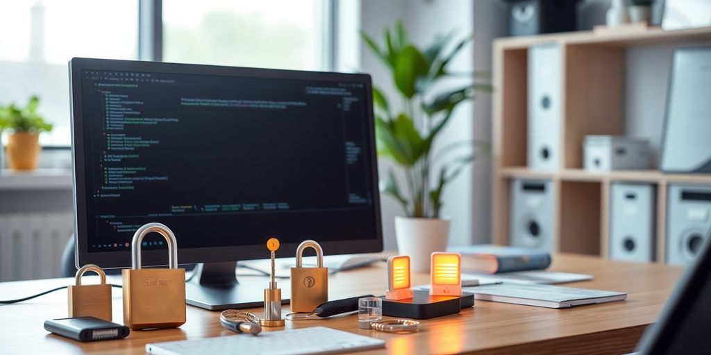 Office setup with cybersecurity tools and security accessories.