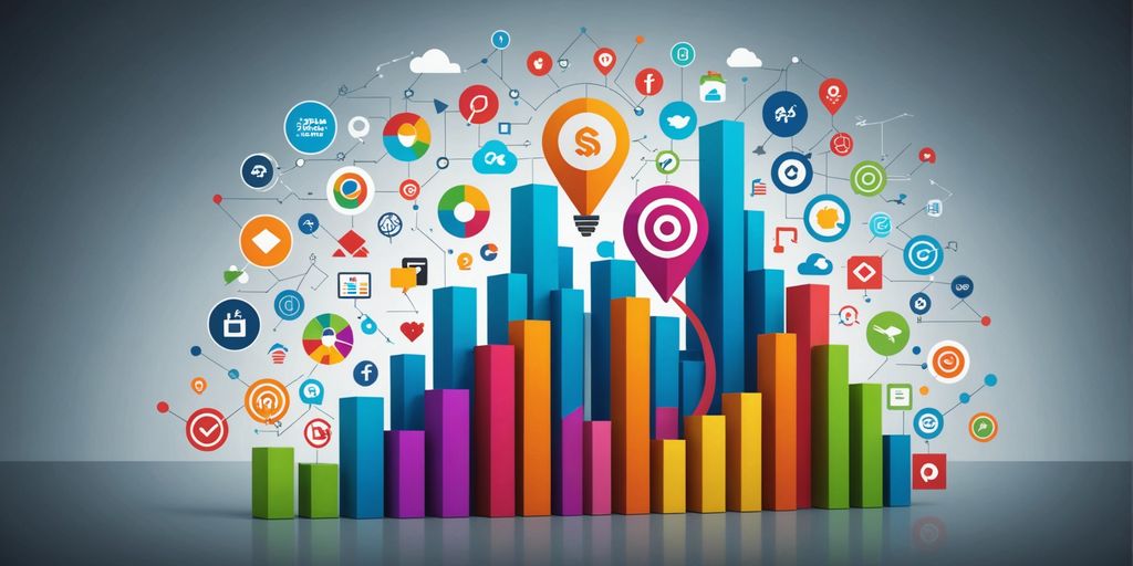 Graph with SEO icons and competitor logos trending upward.