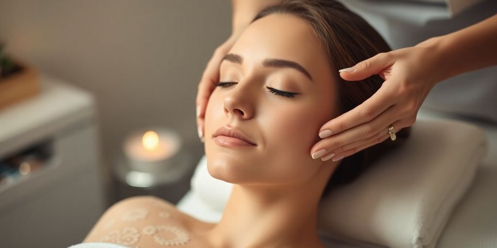 Woman receiving a relaxing facial at a spa.