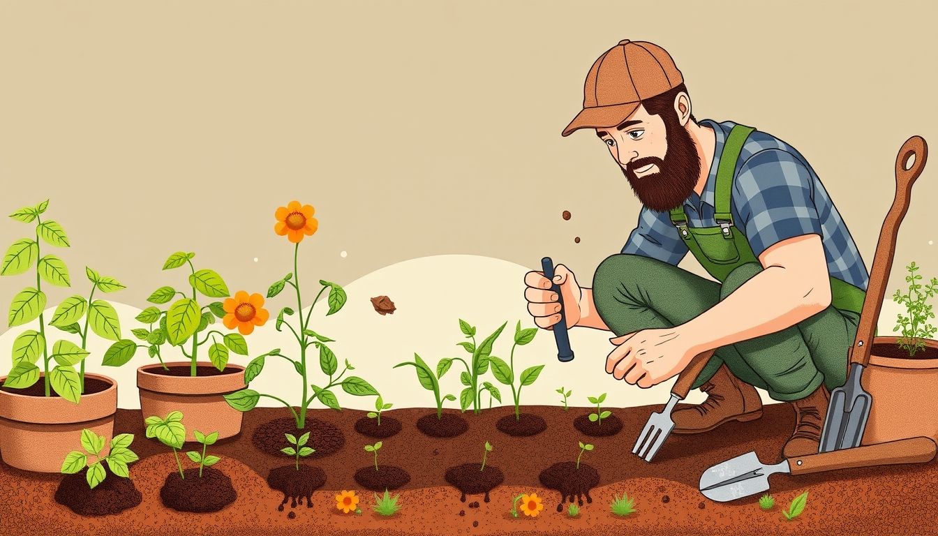 Garden labourer examining soil quality with plants and tools.