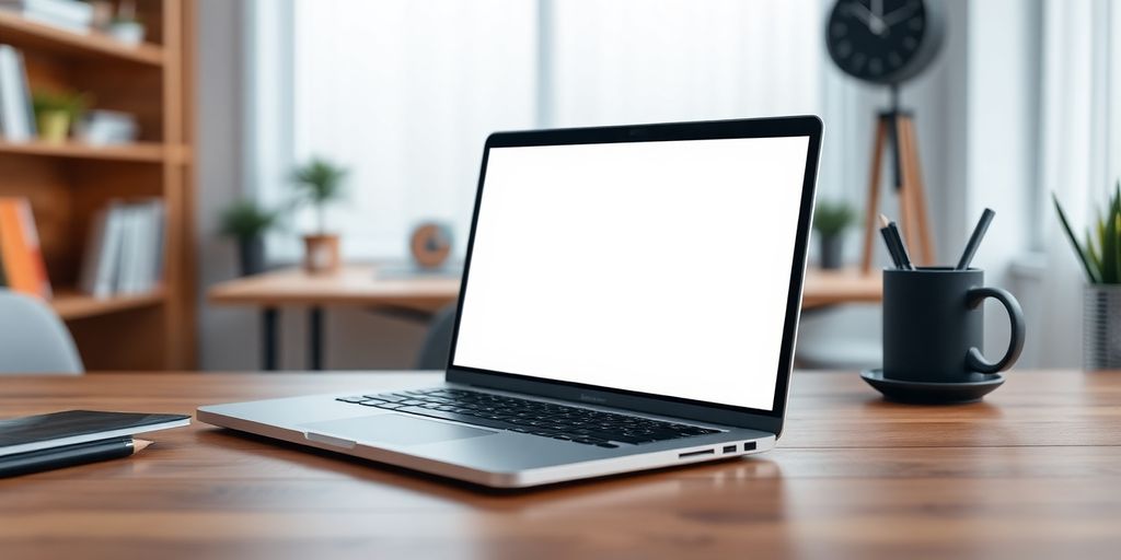 صورة لجهاز كمبيوتر محمول أنيق على مكتب