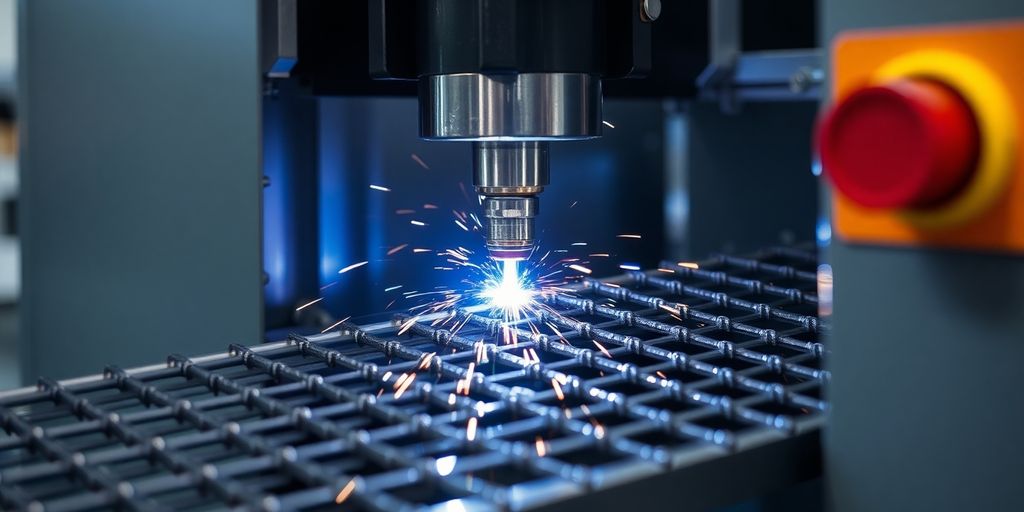 Modern rebar mesh welding machine in action.