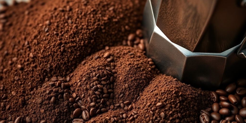 Various coffee grind sizes next to a Moka pot.