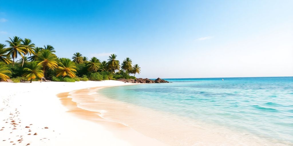 Stunning tropical island beach with clear blue water.