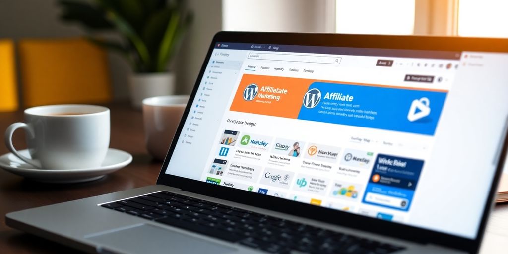 Laptop with WordPress dashboard for affiliate marketing. Best affiliate marketing plugins for WordPress