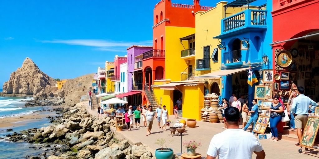 Vibrant Los Cabos scene with colorful architecture and culture.