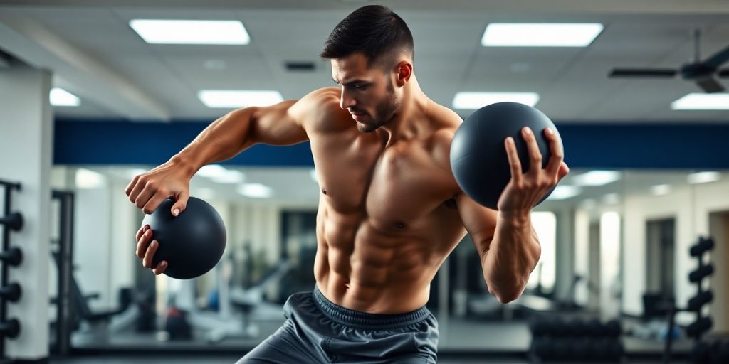 Man performing woodchop exercise with medicine ball