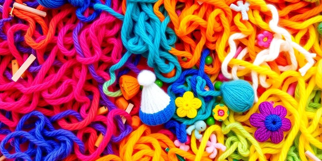 Colorful yarn scraps transformed into miniature knitted crafts.