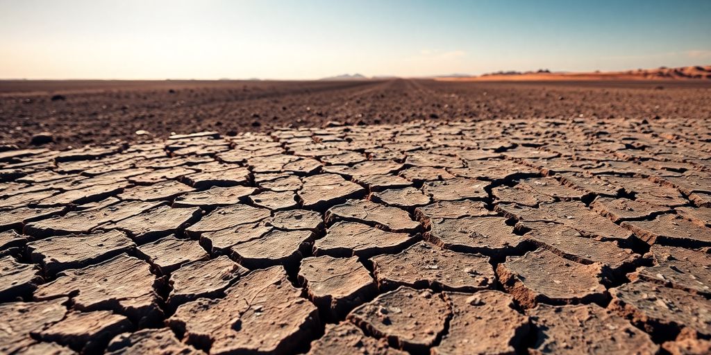 Terra seca e rachada, evidenciando a crise hídrica.