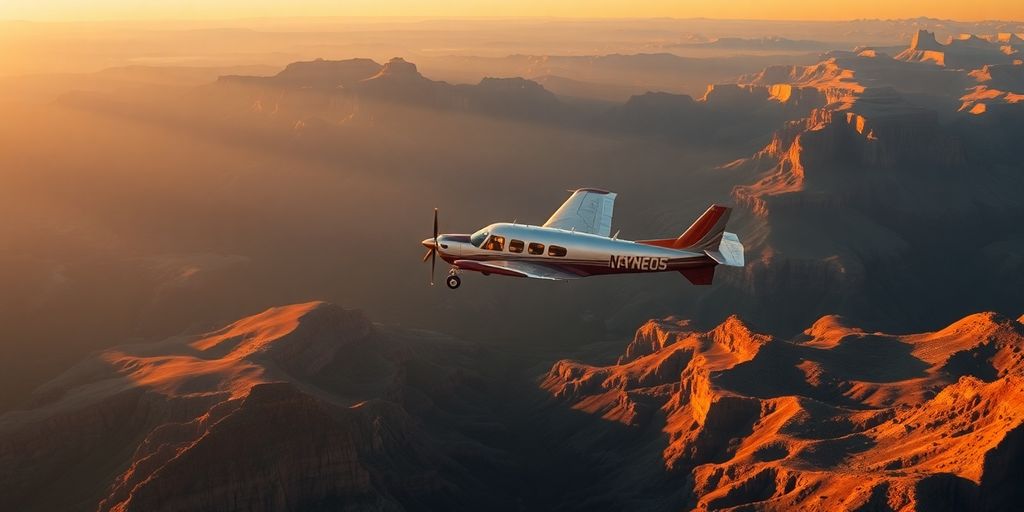 A small tour plane flying over a vast, scenic canyon.