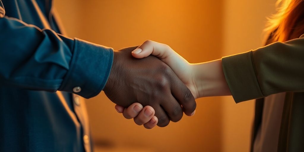 Two people shaking hands, glowing aura.