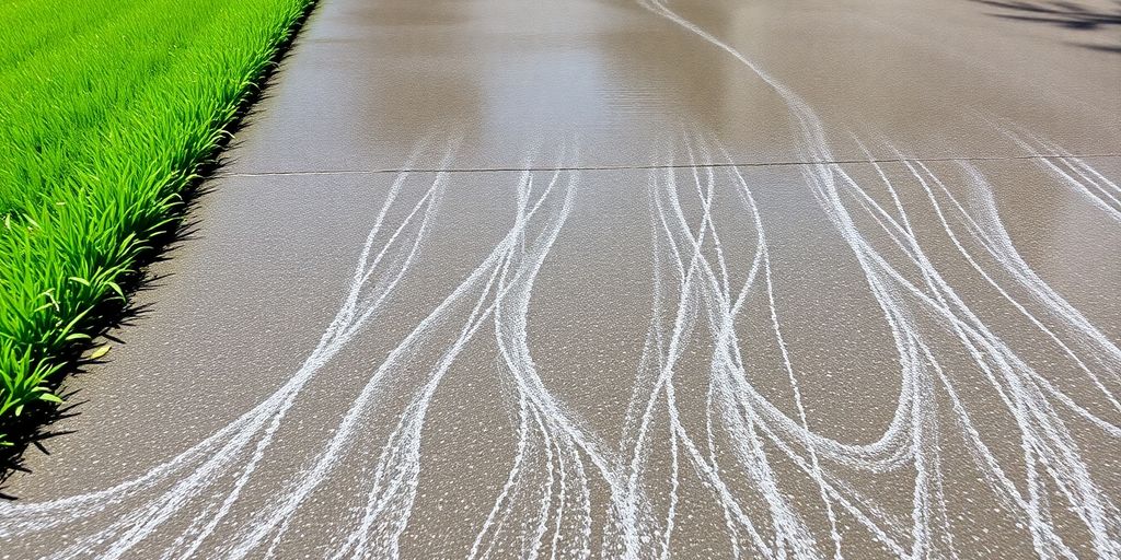 Freshly power washed driveway with green grass border.