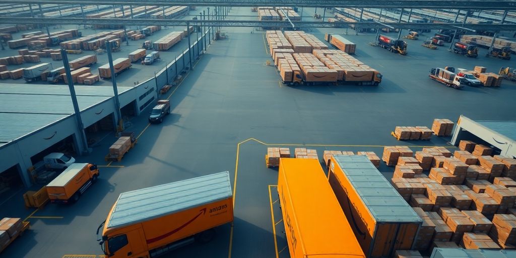 Aerial view of Amazon fulfillment center with trucks and packages.